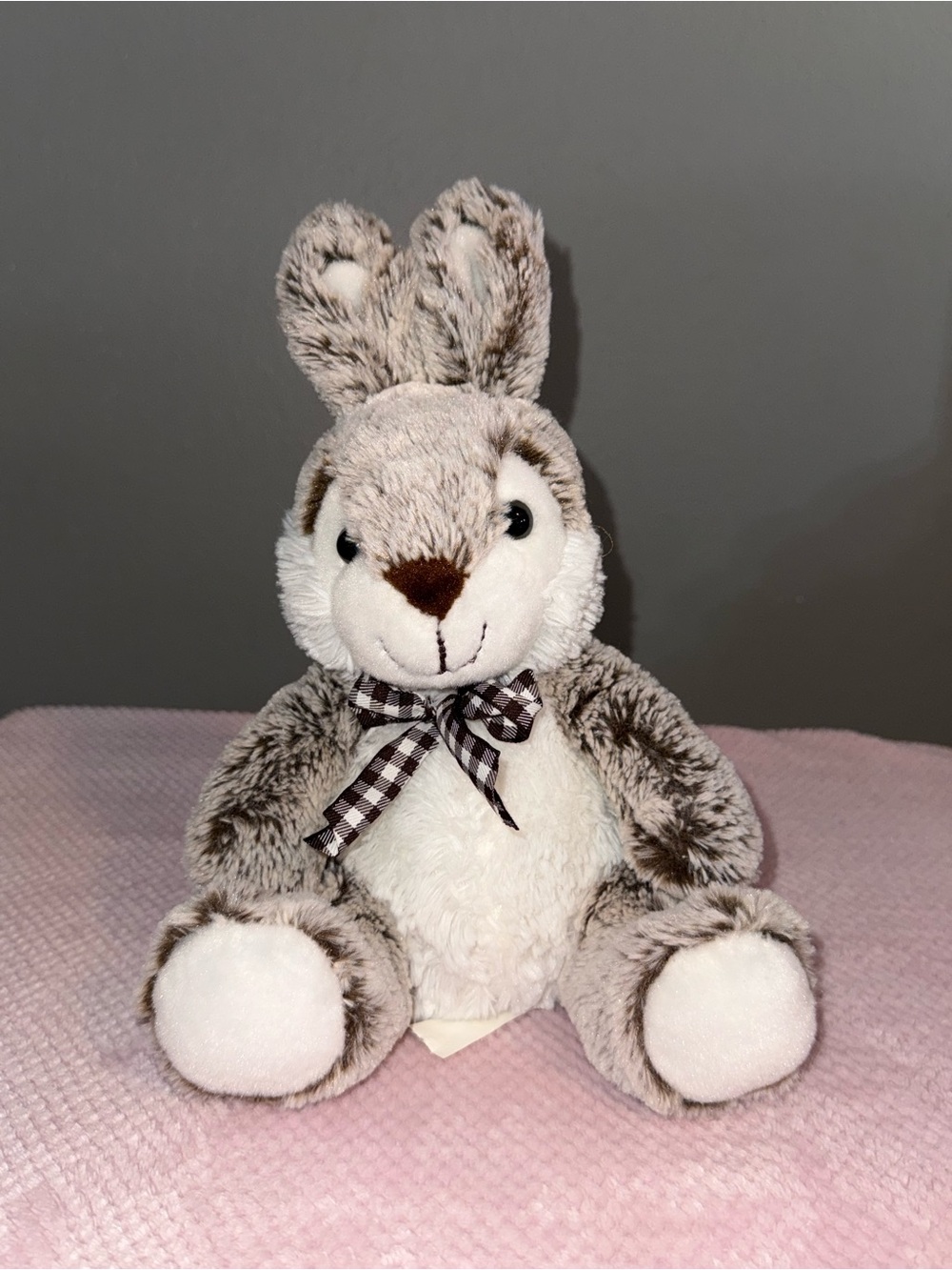 Gray and White Plush Bunny with Check Bow - Soft Small Pet Toy
